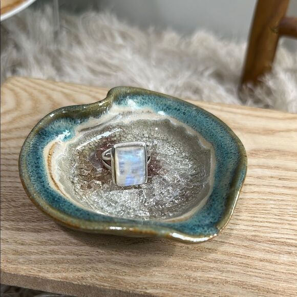 Stoneware Crackle Glass Pottery Catch All Vintage Trinket Jewelry Ring Dish - Picture 1 of 17